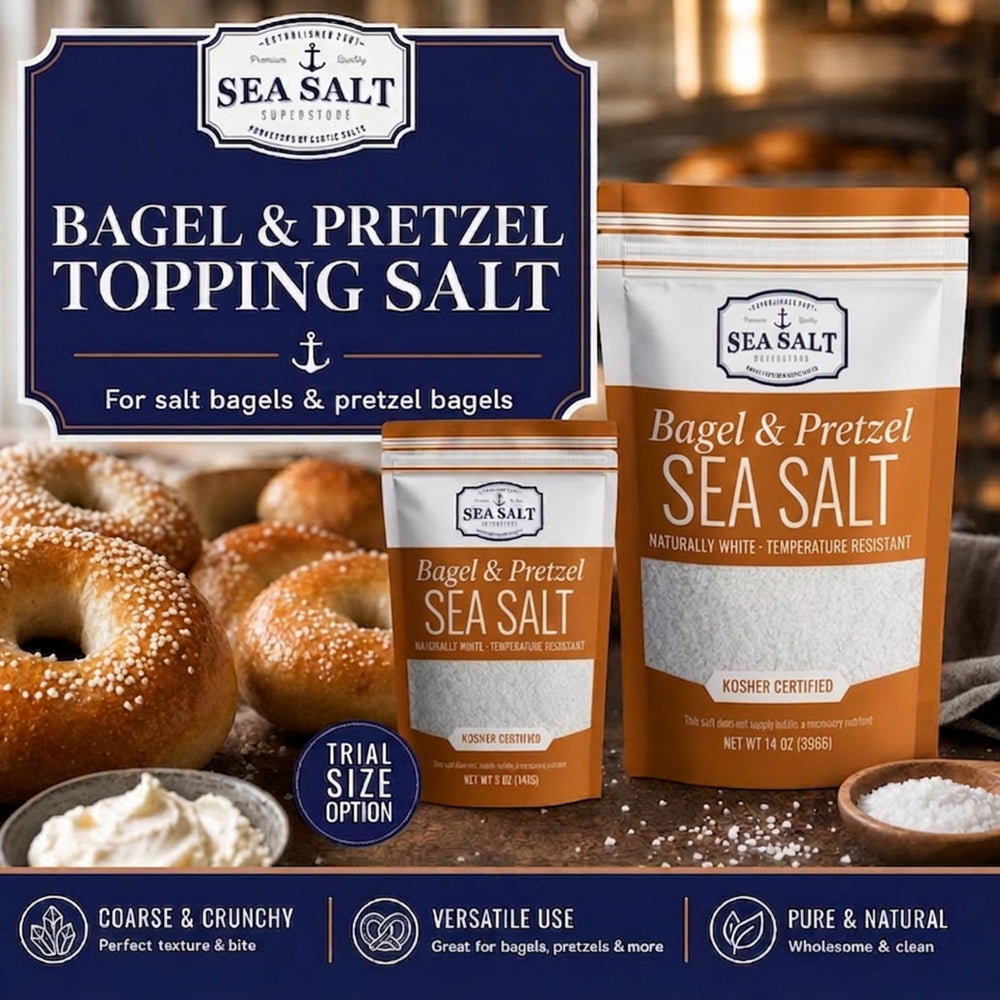 Sea Salt Superstore en pretzel horneado mostrando sal visible y crujiente
