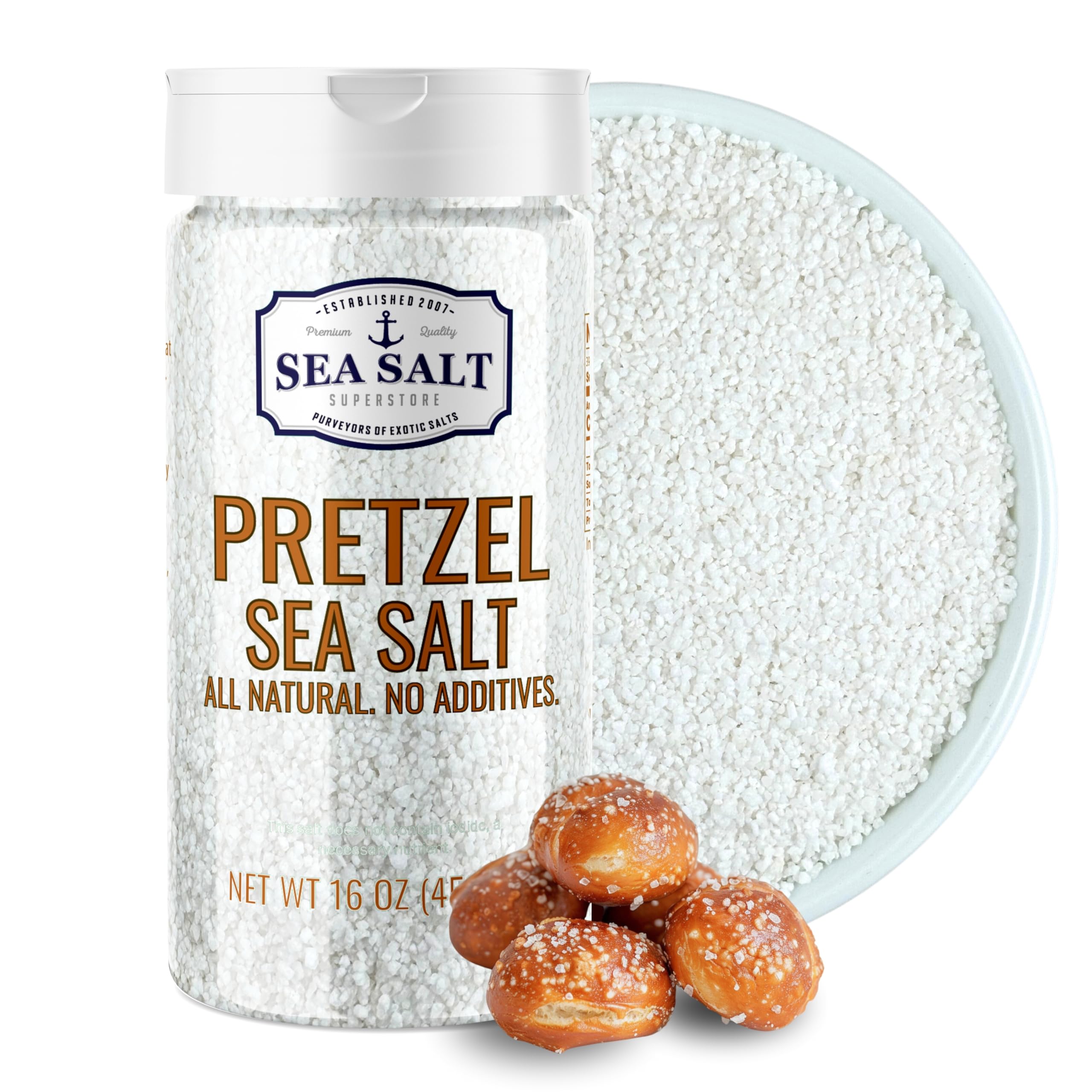 Sea Salt Superstore envase frontal 1 lb mostrando el shaker y marca