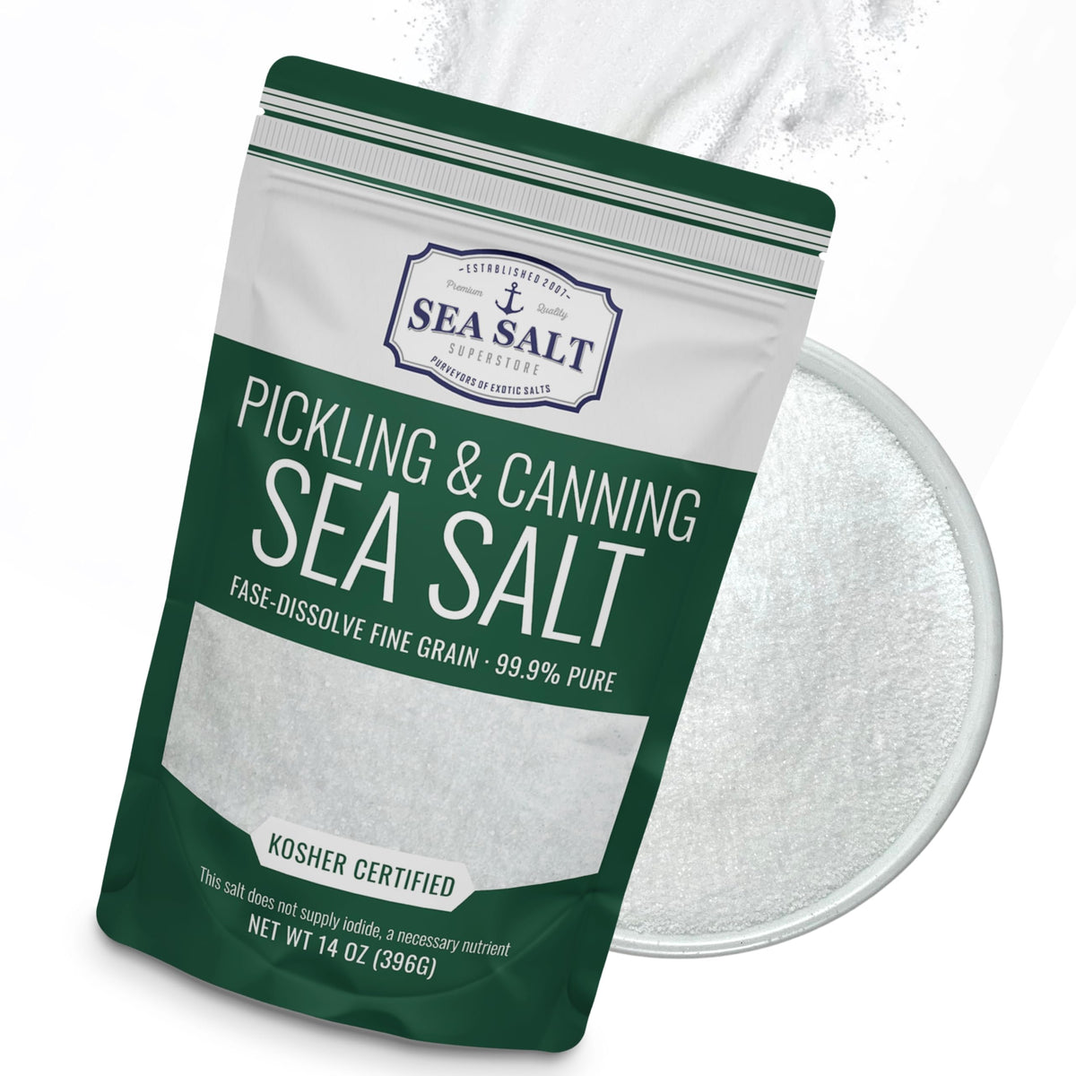 Sea Salt Superstore envase frontal mostrando etiqueta y pureza