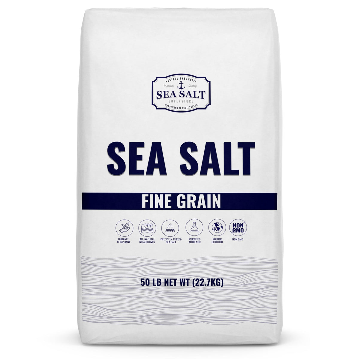 Sea Salt Superstore bolsa 50 lb mostrando empaque resistente y uso profesional