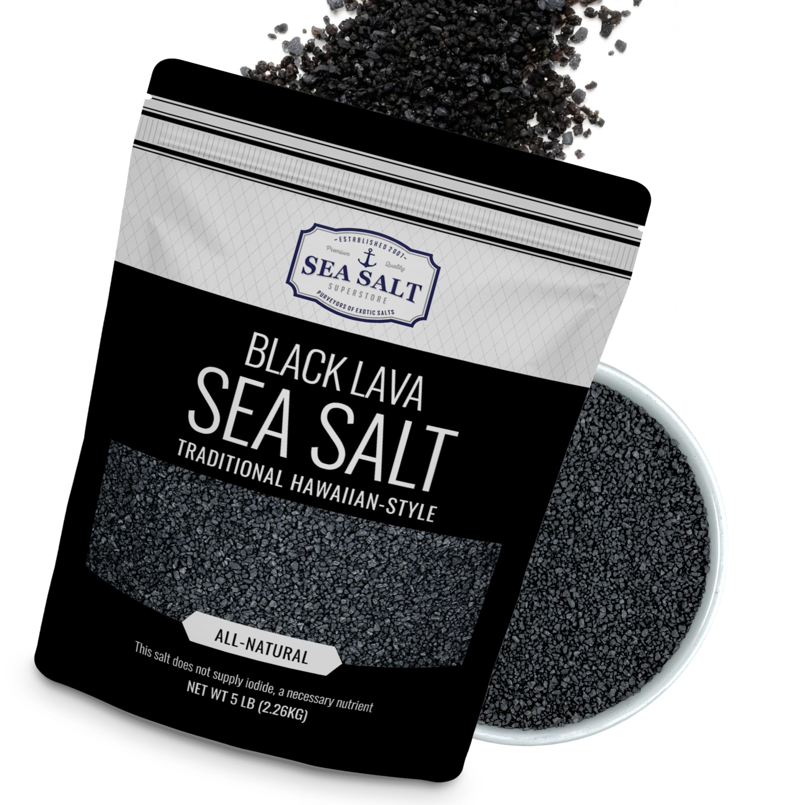 Sea Salt Superstore saco 5 lb mostrando el producto y su volumen