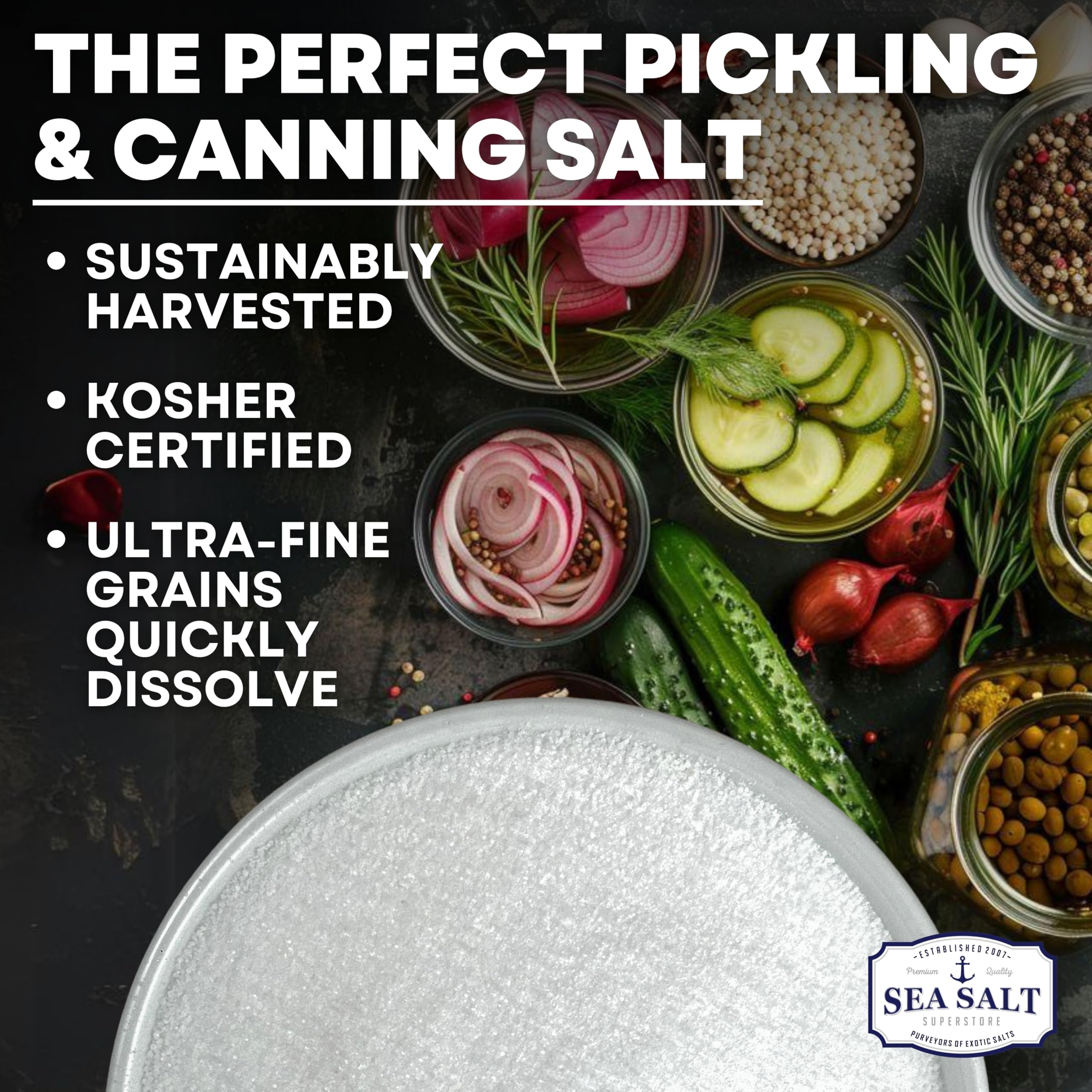Sea Salt Superstore granulado fino destacando disolución rápida