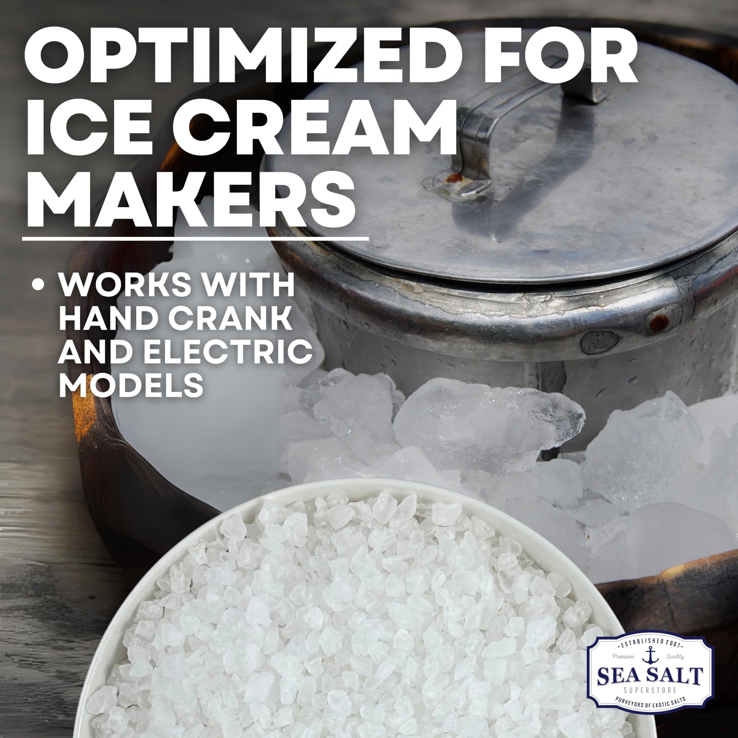 Sea Salt Superstore grano grueso en primer plano, textura que facilita control