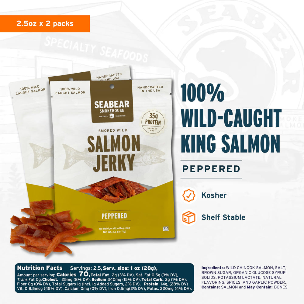 SeaBear primer plano de textura masticable con pimienta, indica calidad y sabor