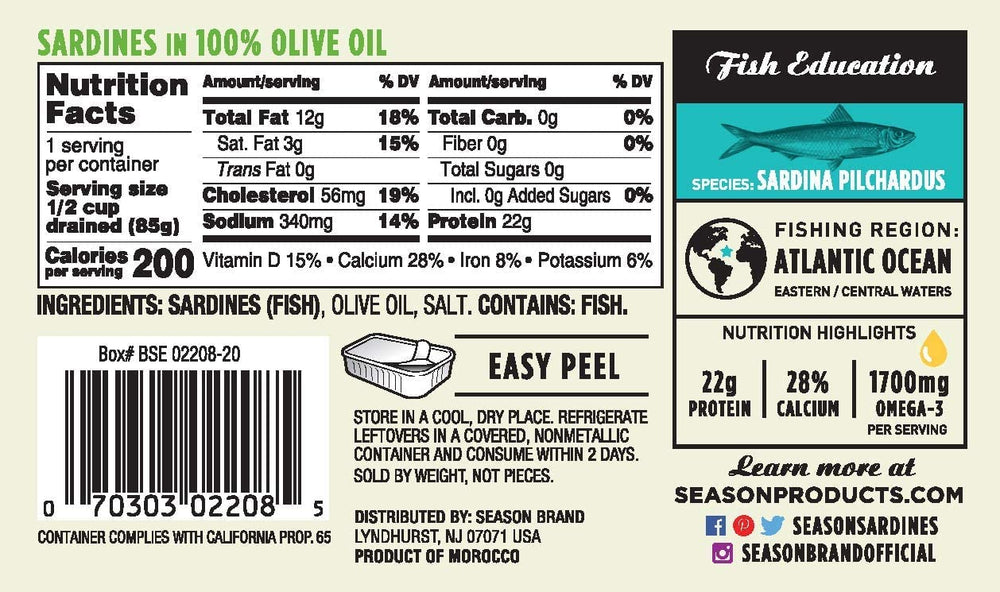 SEASON lata abierta con sardinas en aceite de oliva lista para consumir