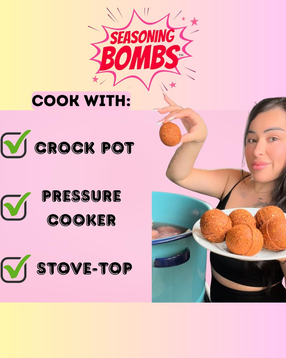Seasoning Bombs comparación de porción con cucharas mostrando rendimiento por bomba