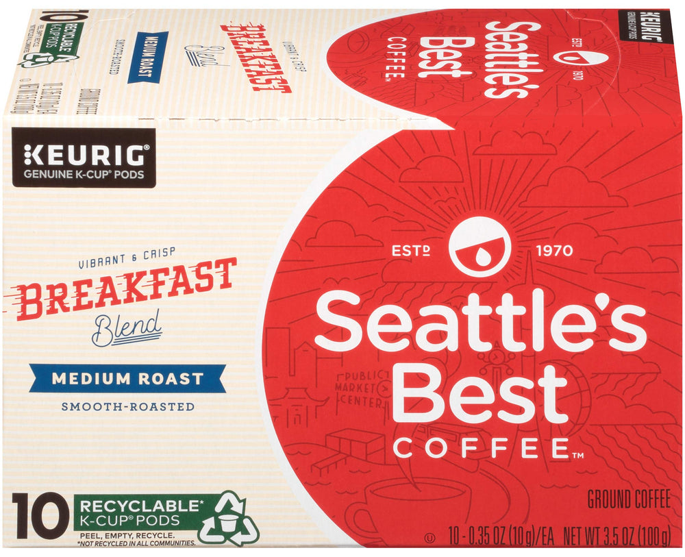 Seattle's Best Coffee caja frontal con 10 cápsulas, presentación compacta y práctica
