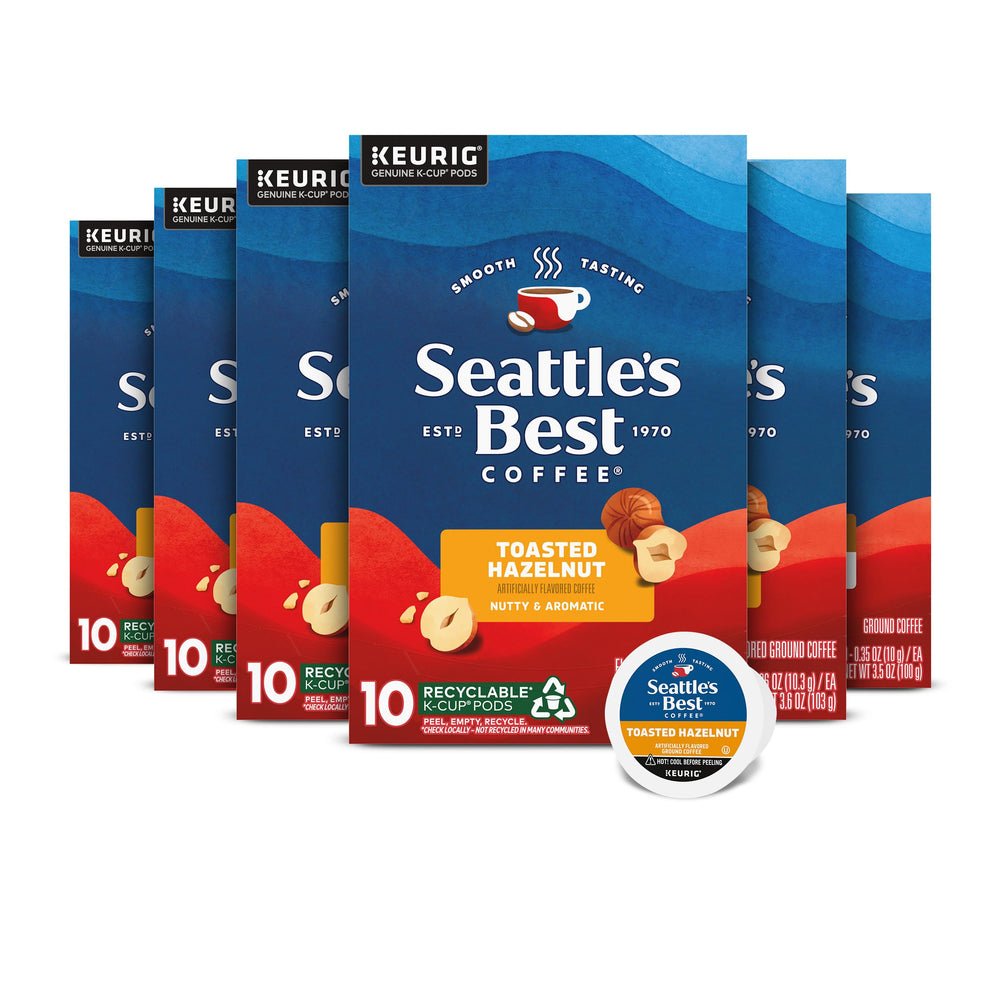 Seattle's Best Coffee frontal de la caja mostrando Toasted Hazelnut y beneficio conveniencia