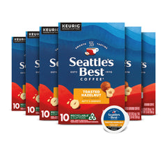 Seattle's Best Coffee frontal de la caja mostrando Toasted Hazelnut y beneficio conveniencia