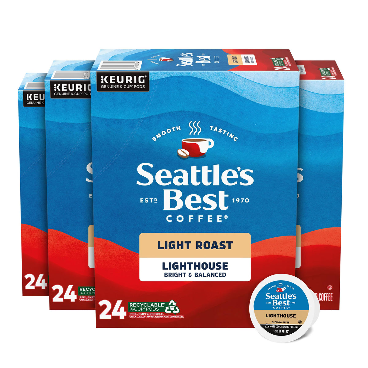 Seattle's Best Coffee caja frontal Lighthouse mostrando 4 cajas y beneficio de conveniencia