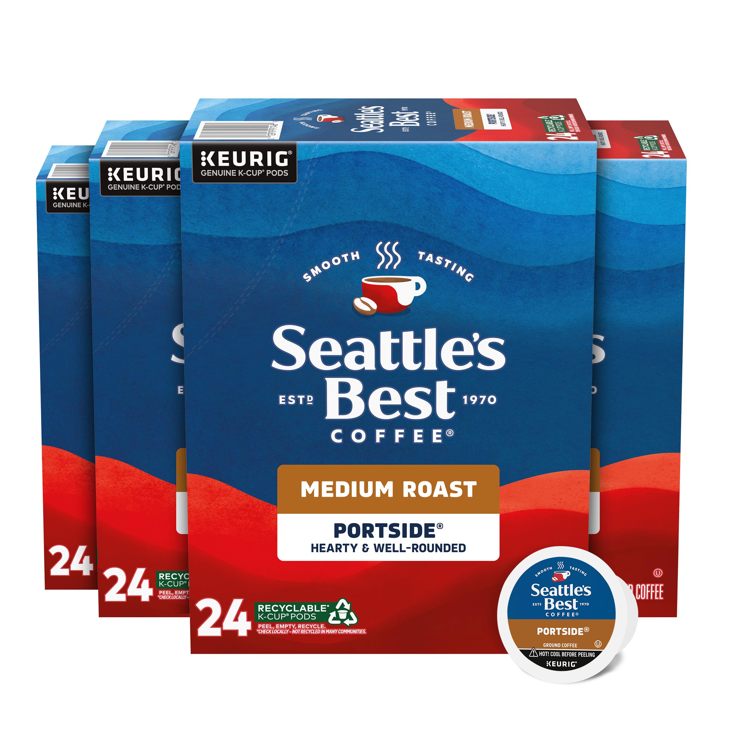 Seattle's Best Coffee empaque Portside mostrando 4 cajas y beneficios de suavidad