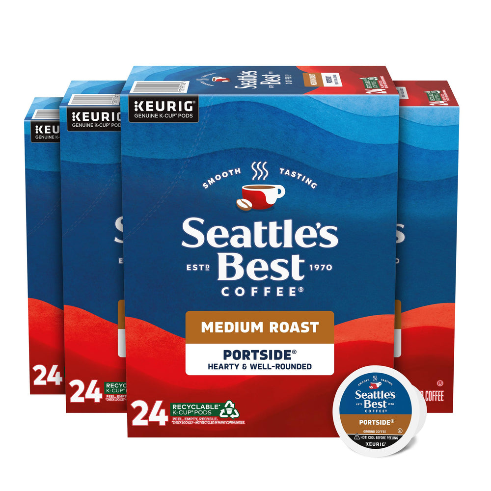 Seattle's Best Coffee empaque Portside mostrando 4 cajas y beneficios de suavidad