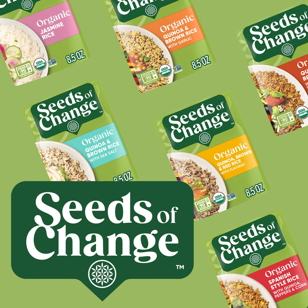 SEEDS OF CHANGE grano de quinoa y arroz integral en primer plano, textura y calidad