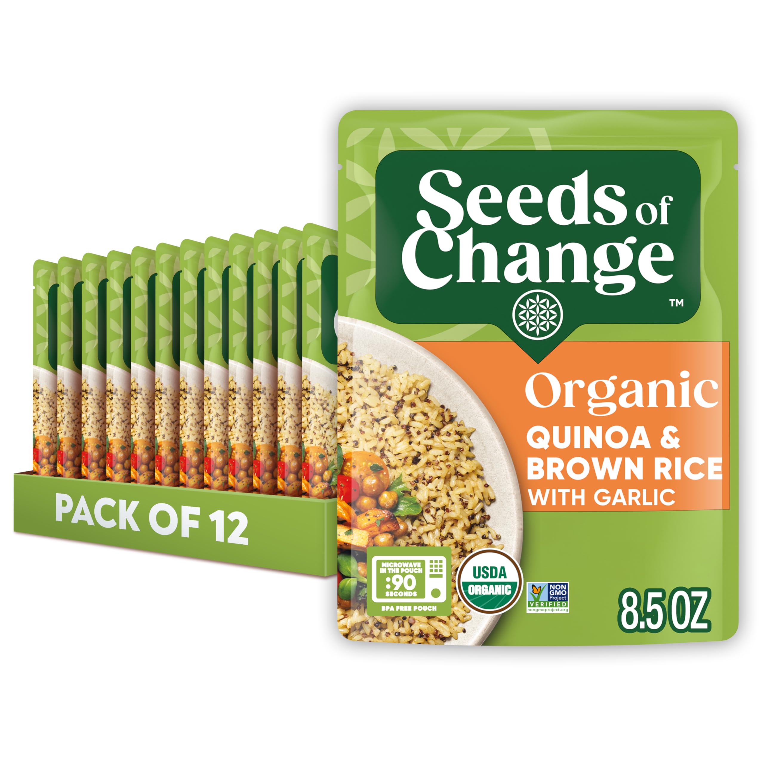 SEEDS OF CHANGE empaque frontal mostrando mezcla orgánica y beneficios rápidos