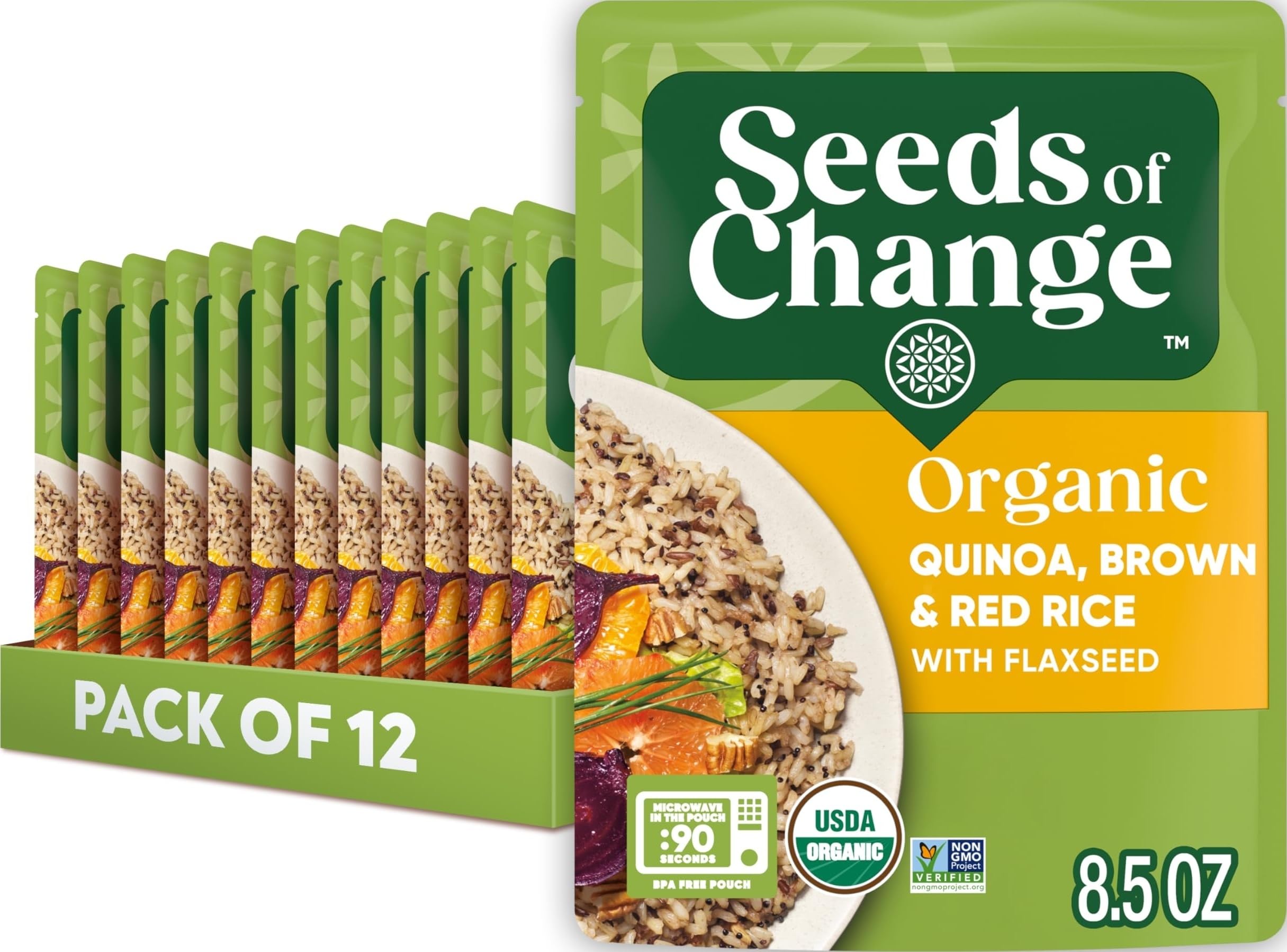 SEEDS OF CHANGE frente del empaque mostrando mezcla orgánica y beneficio de conveniencia