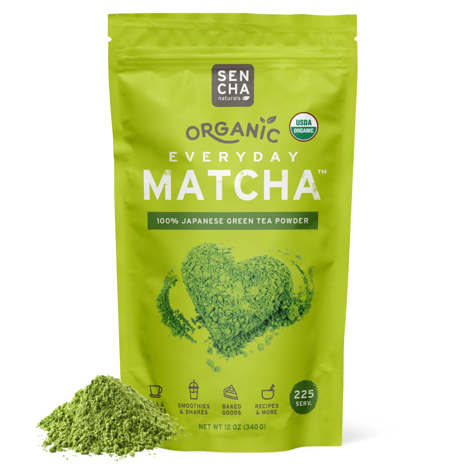 SENCHA NATURALS paquete frontal mostrando 12oz y sello orgánico