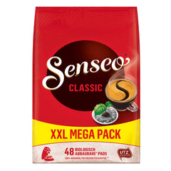 Senseo paquete frontal mostrando 48 pads y beneficio almacenamiento práctico