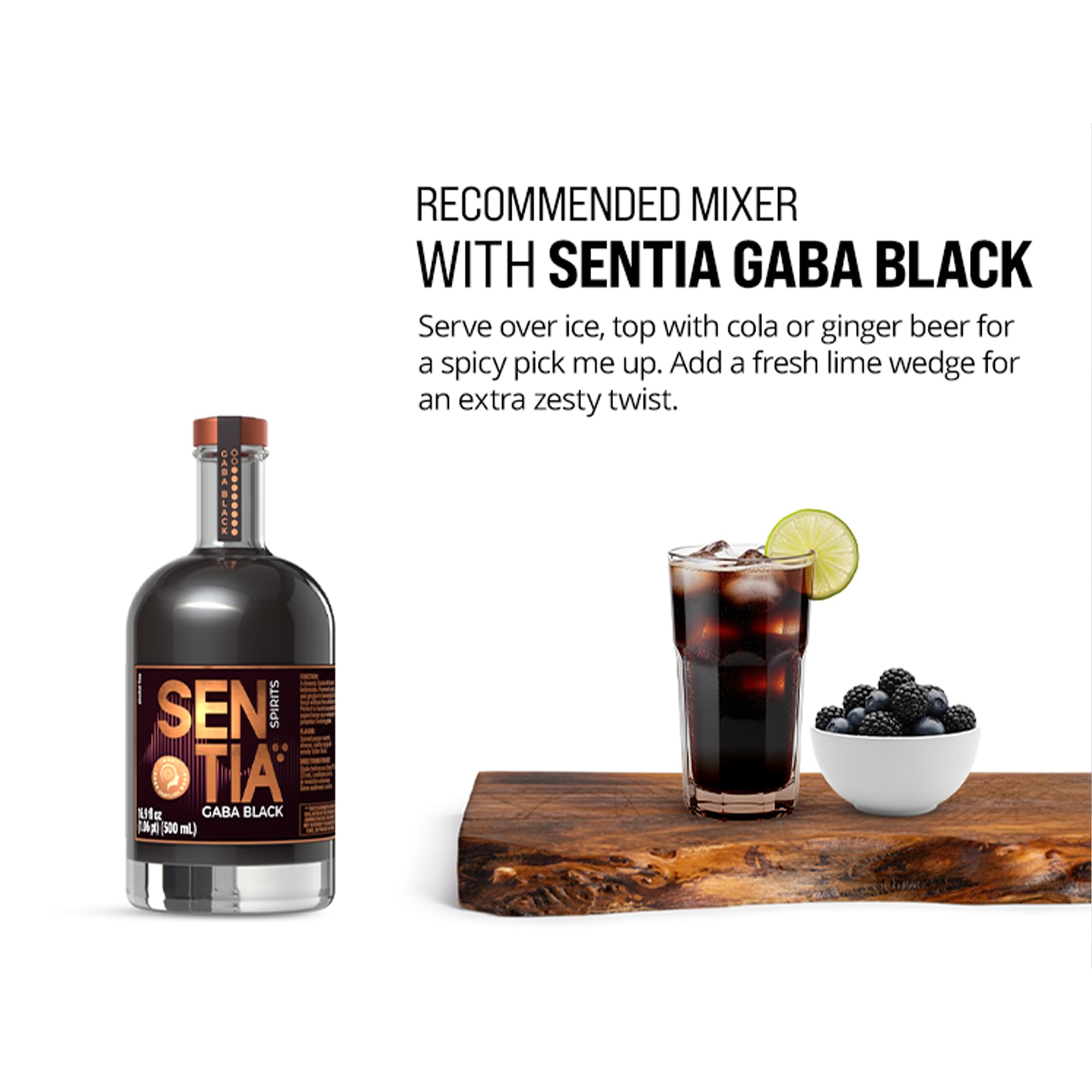 Sentia Gaba Black en vaso con ginger ale mostrando mezcla fácil y sabor