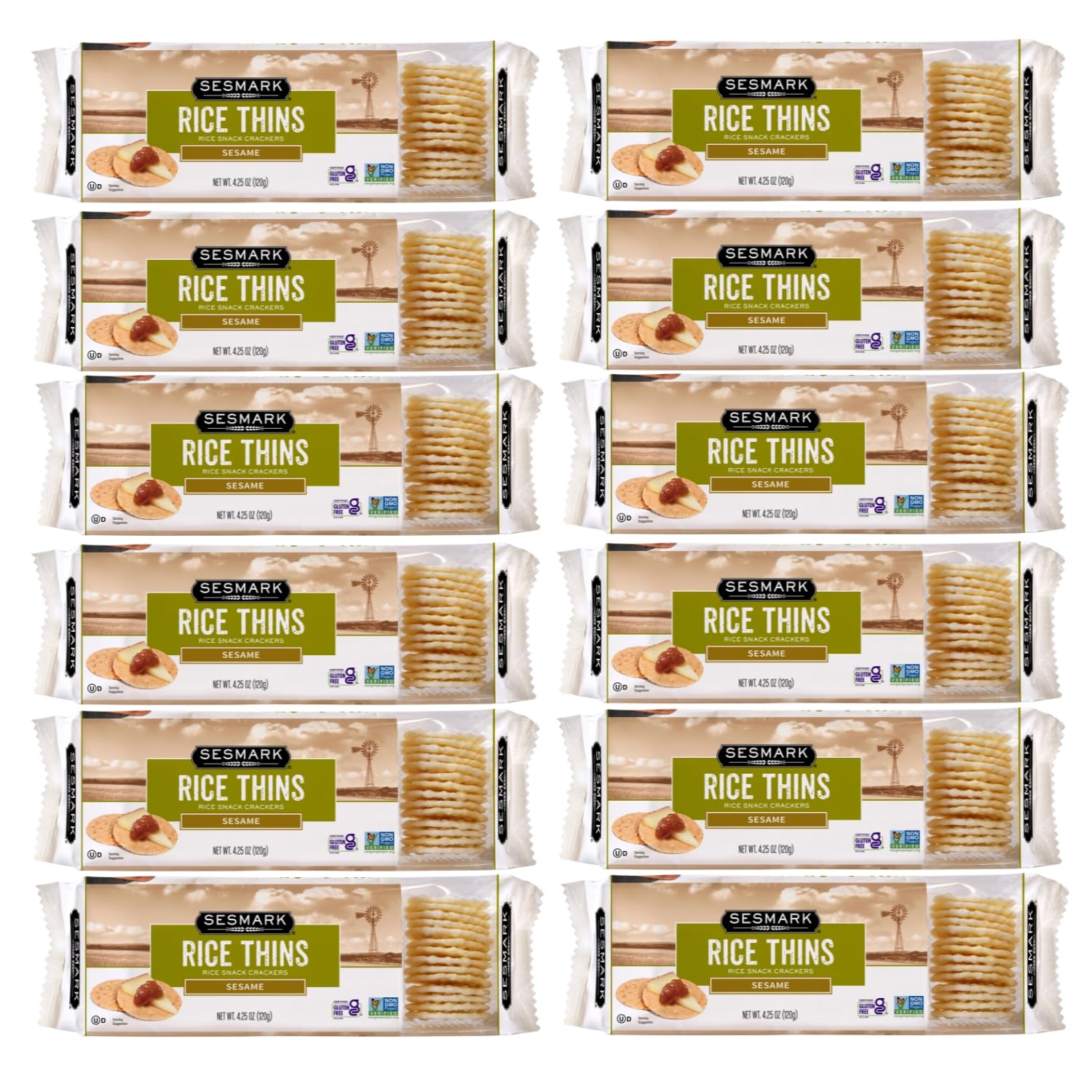 Sesmark paquete frontal mostrando galletas de arroz y sésamo, práctico para despensa