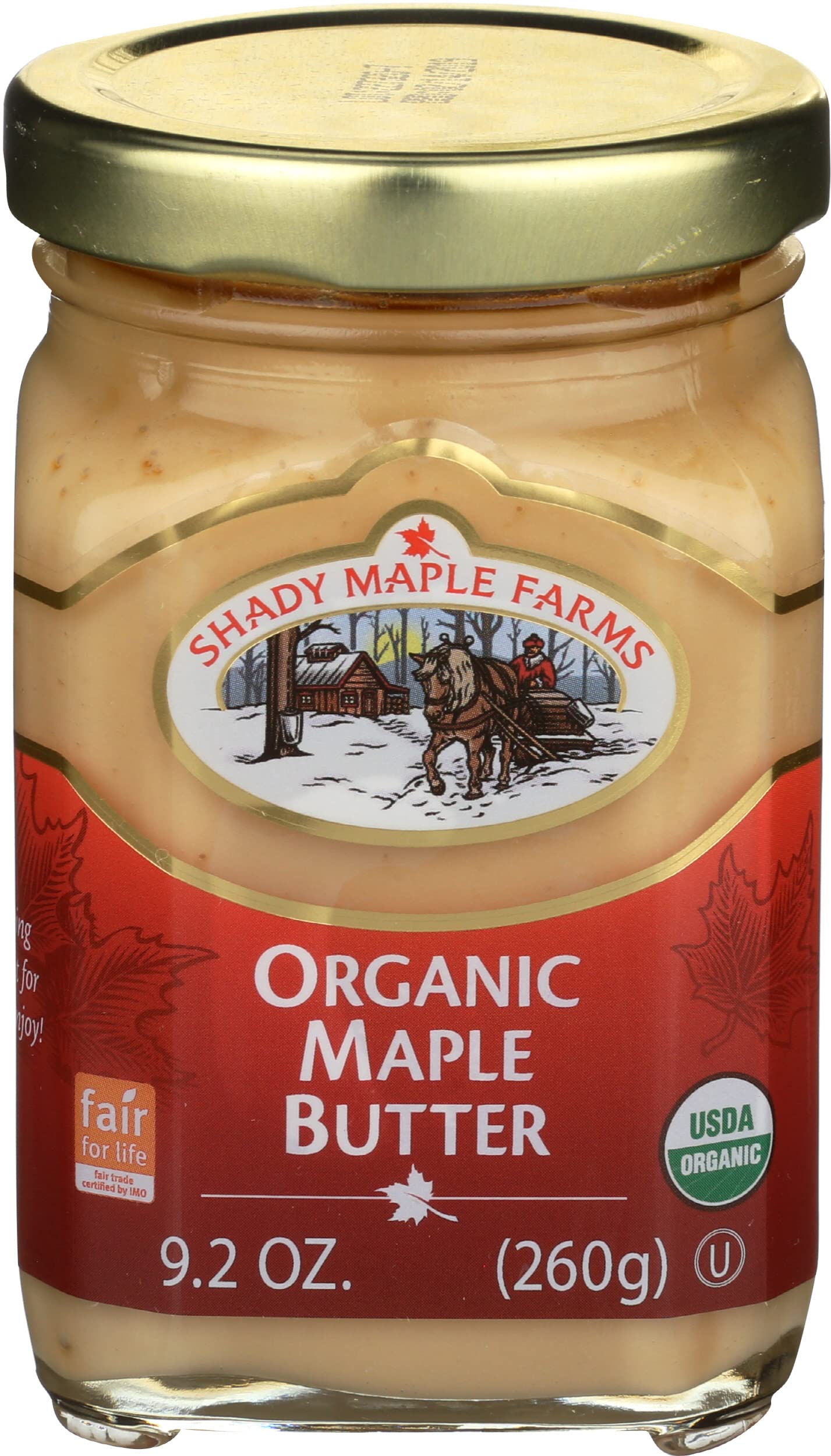 Shady Maple Farms frasco frontal mostrando mantequilla de arce, ideal para desayunos
