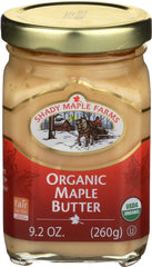 Shady Maple Farms frasco frontal mostrando mantequilla de arce, ideal para desayunos