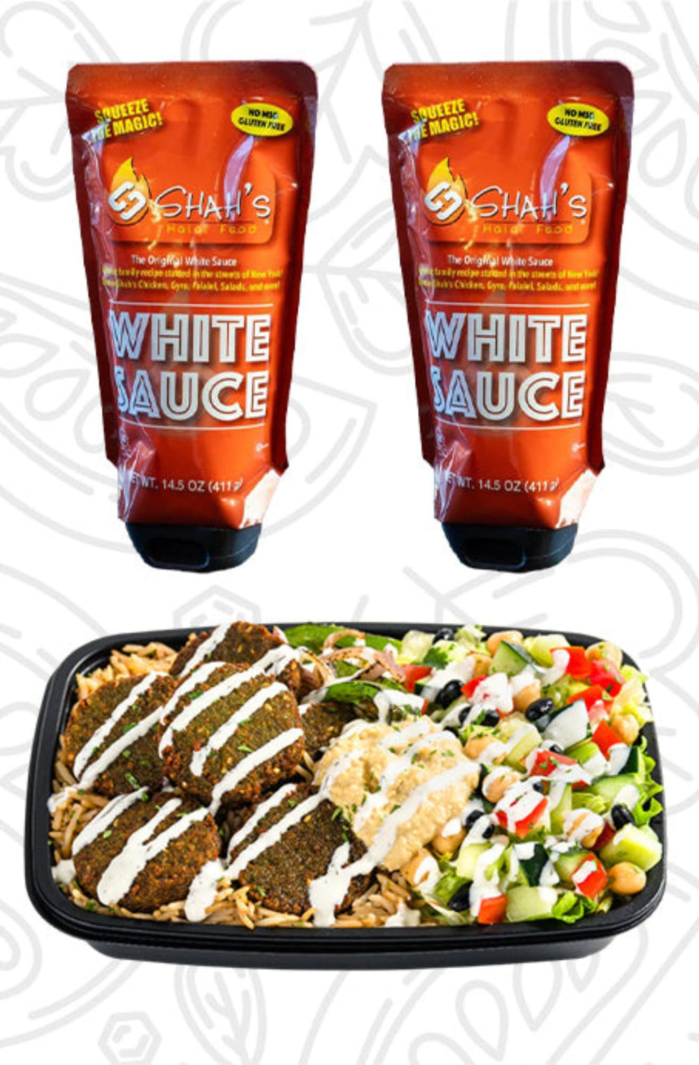 SHAH'S HALAL FOOD acompañada de ingredientes frescos que sugieren calidad