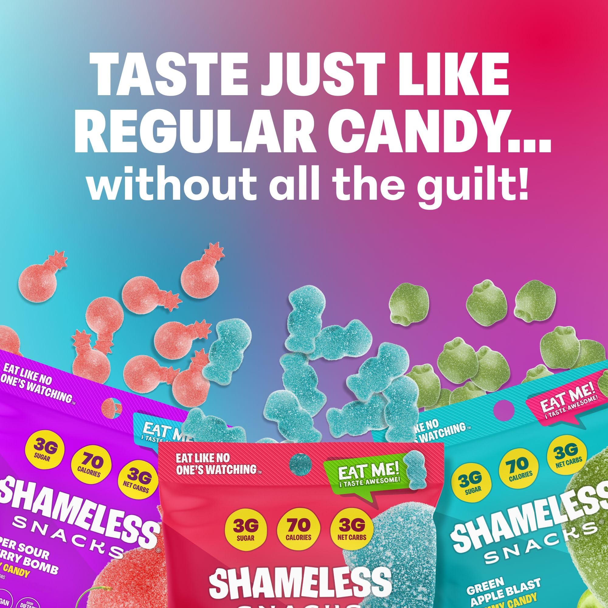 Shameless primer plano de textura ácida y masticable que destaca su intensidad de sabor