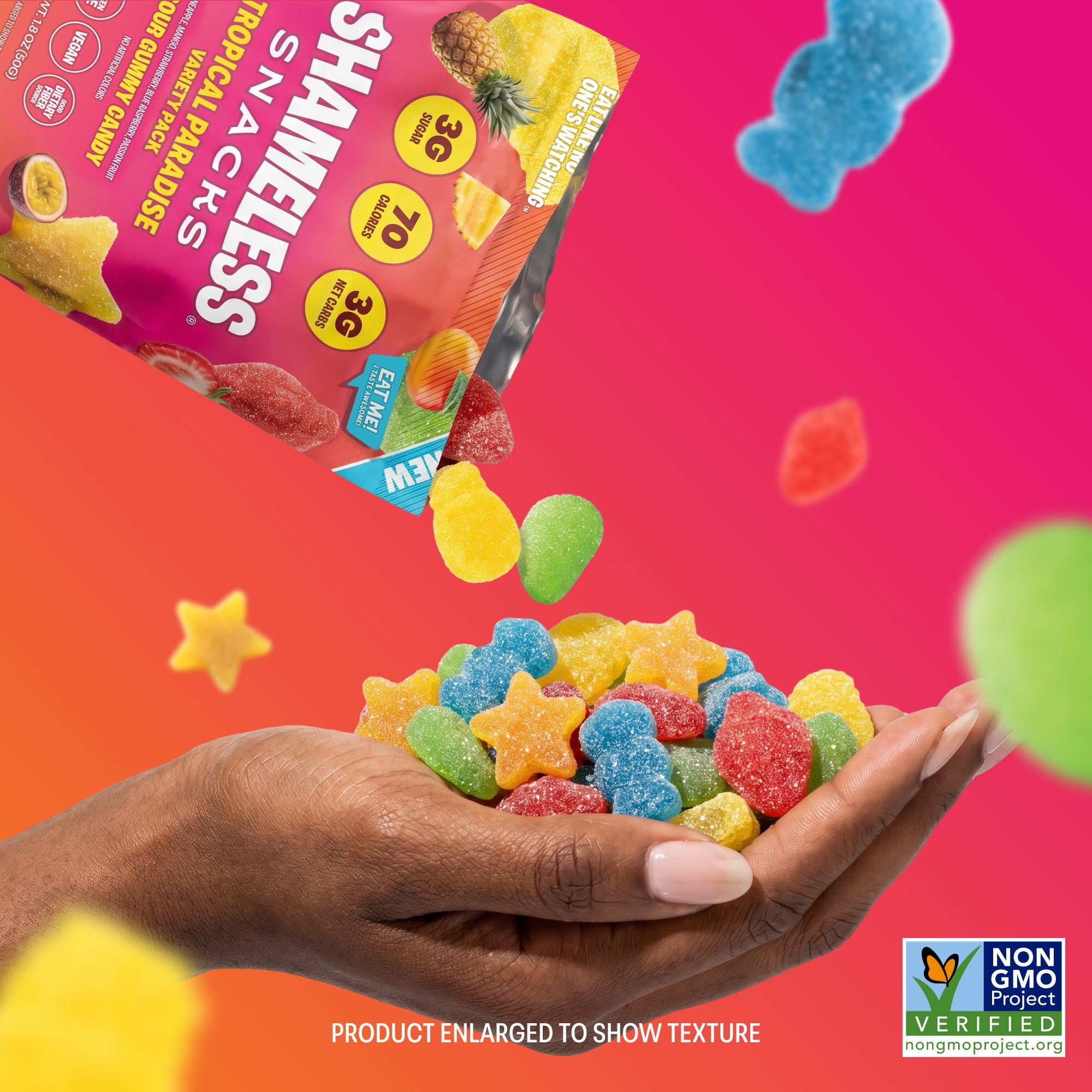 Shameless gominolas en mano para comparar tamaño y porción práctica