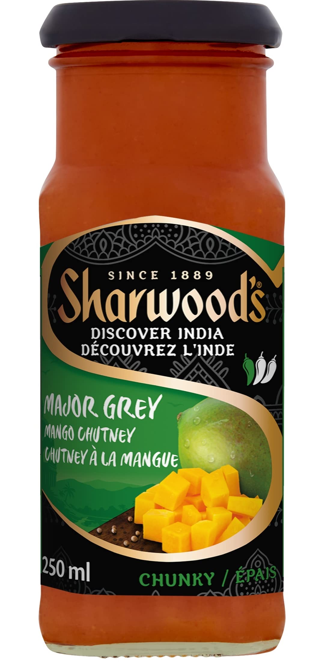 Sharwood's frasco frontal Major Grey 395 ml mostrando etiqueta y presentación atractiva