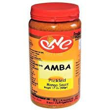 Shemesh Amba-Pickled Mango Sauce frente del frasco mostrando etiqueta y tamaño 500 g