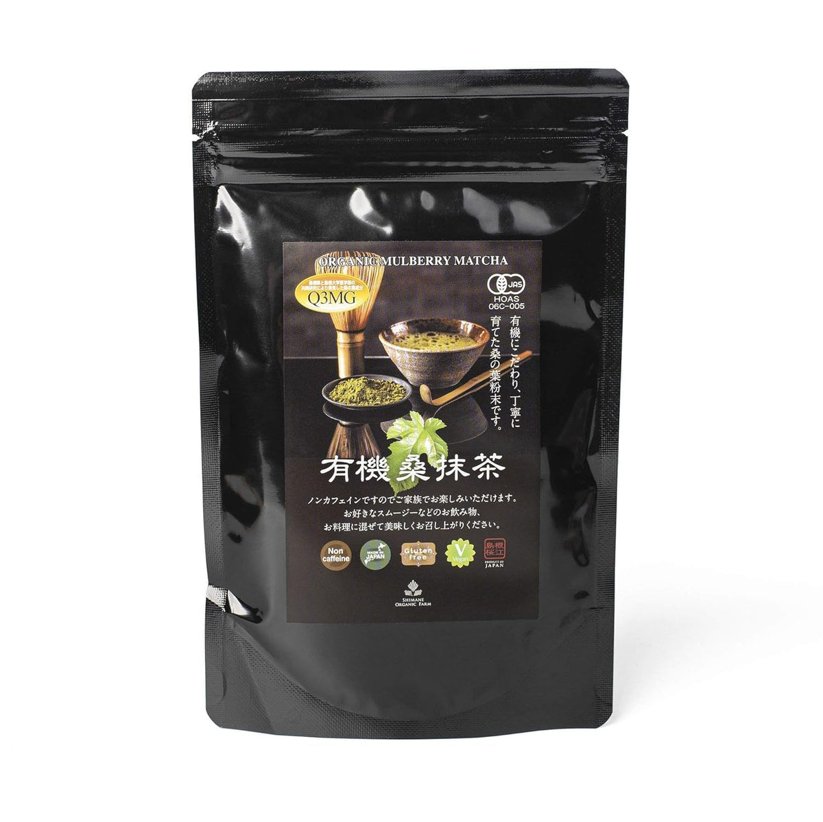 Shimane Organic Farm envase frontal de Mulberry Matcha mostrando etiqueta orgánica y beneficio sin cafeína