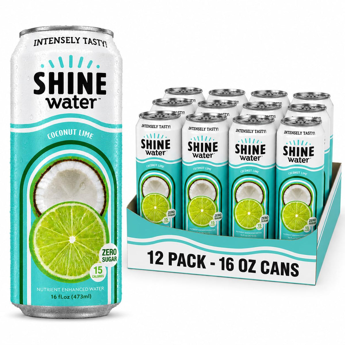 ShineWater lata frontal Coconut Lime mostrando diseño y beneficio hidratación