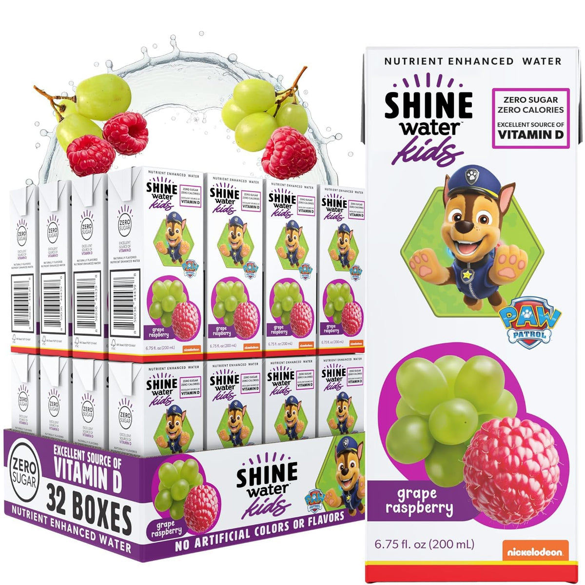 ShineWater pouch frente con diseño Paw Patrol y sabor GrapeRaspberry, atractivo para niños