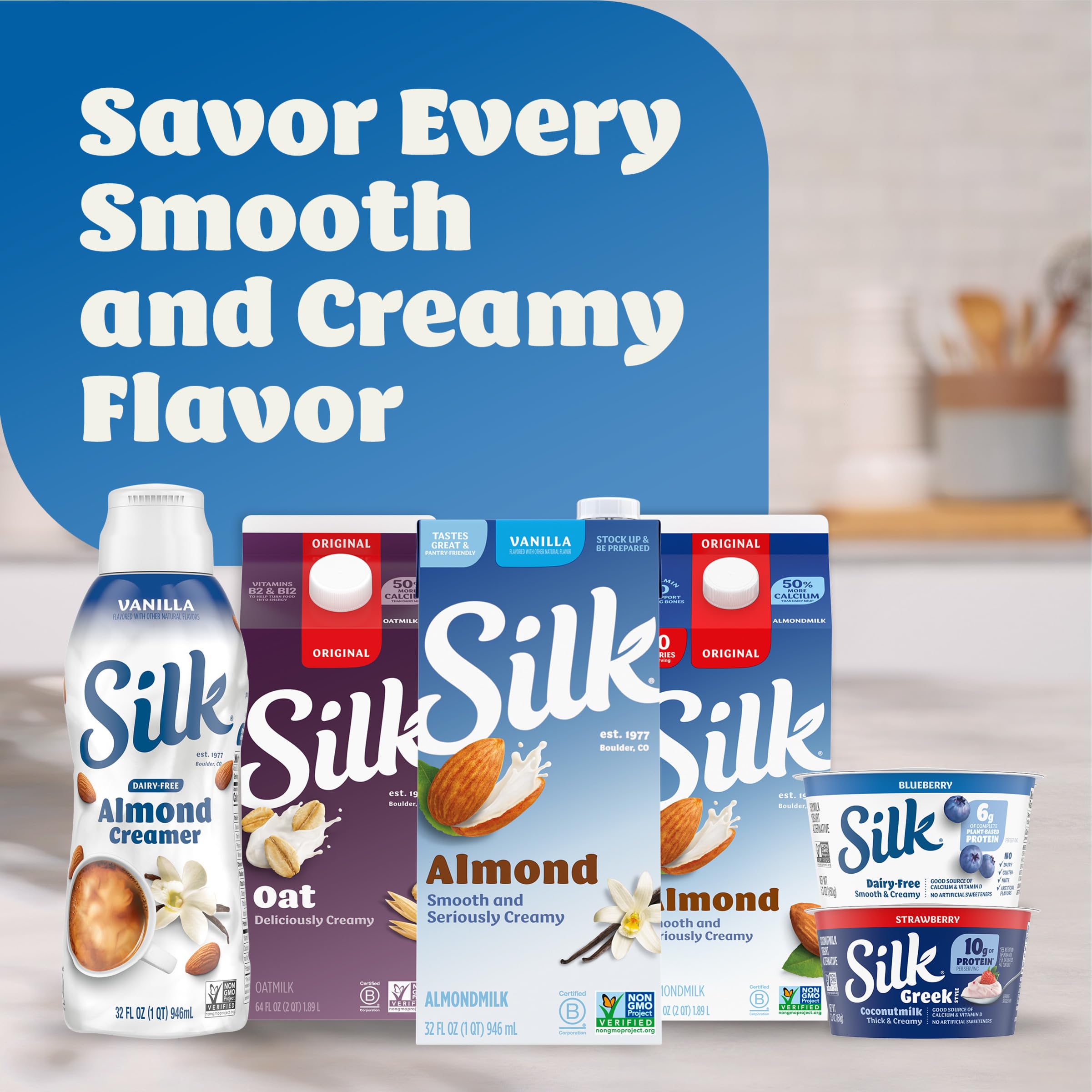 Silk cerca de almendras y otros ingredientes, natural y sin sabores artificiales