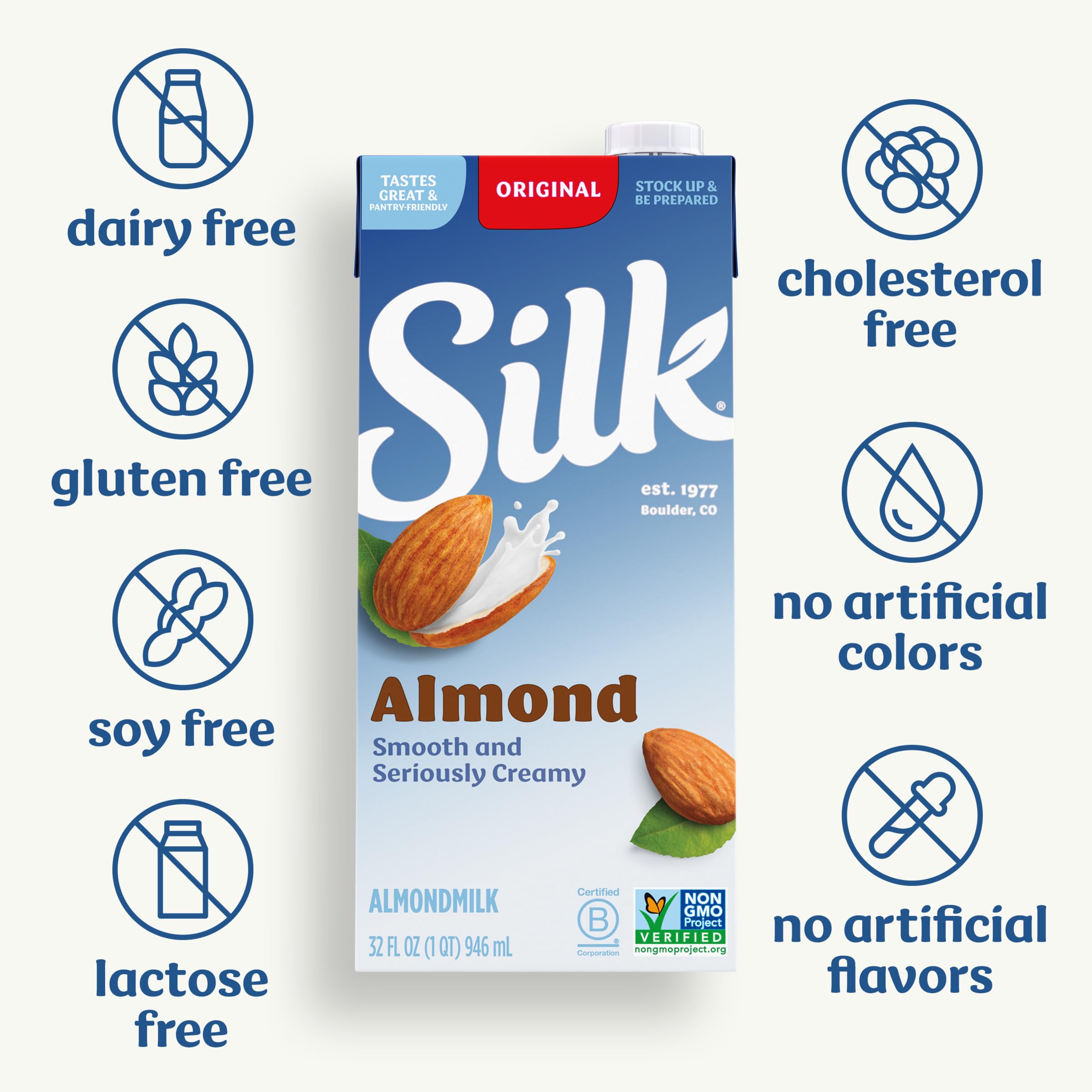 Silk leche de almendra sobre cereal crujiente, ideal para desayunos