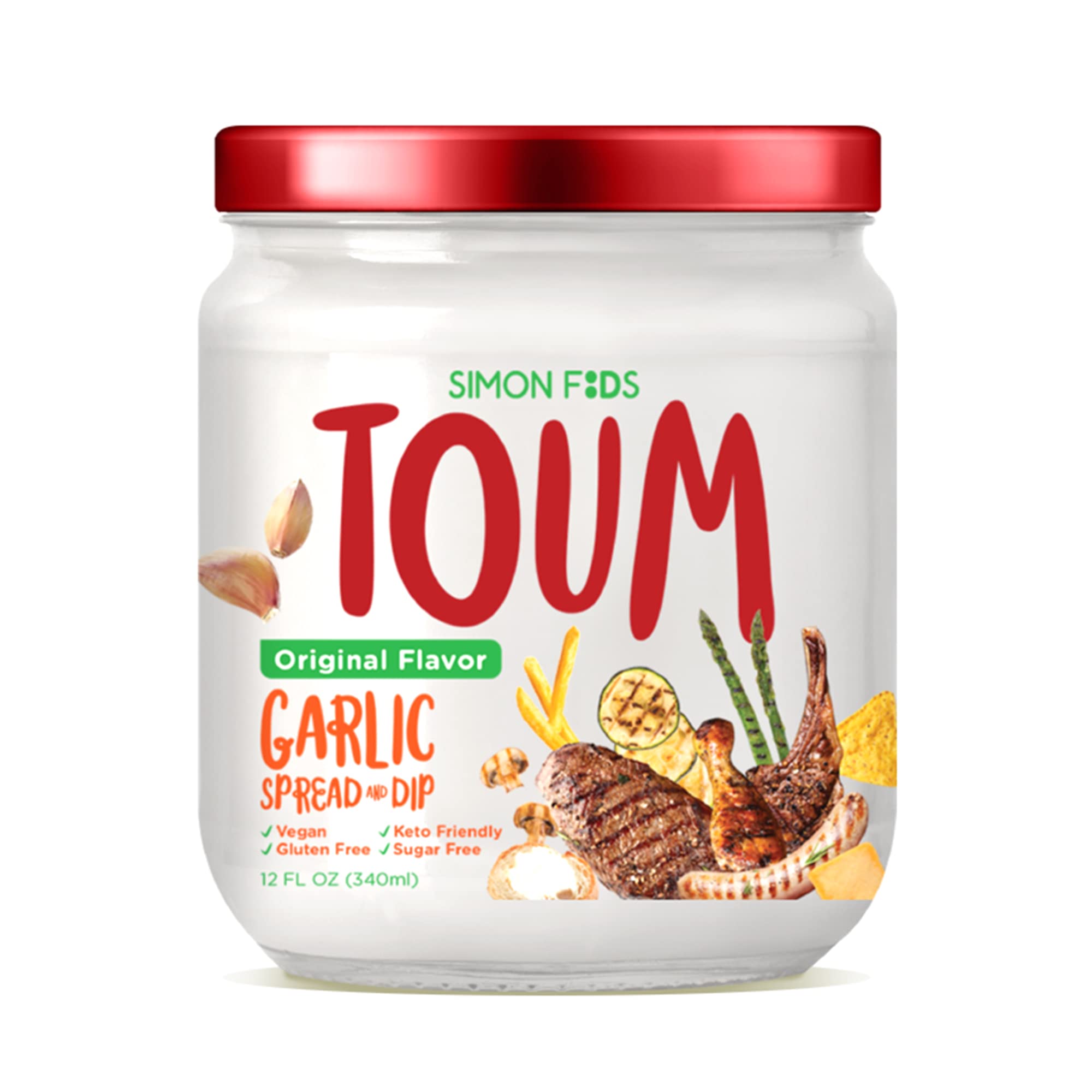 Simon Foods TOUM botella frontal mostrando la etiqueta y aspecto saludable