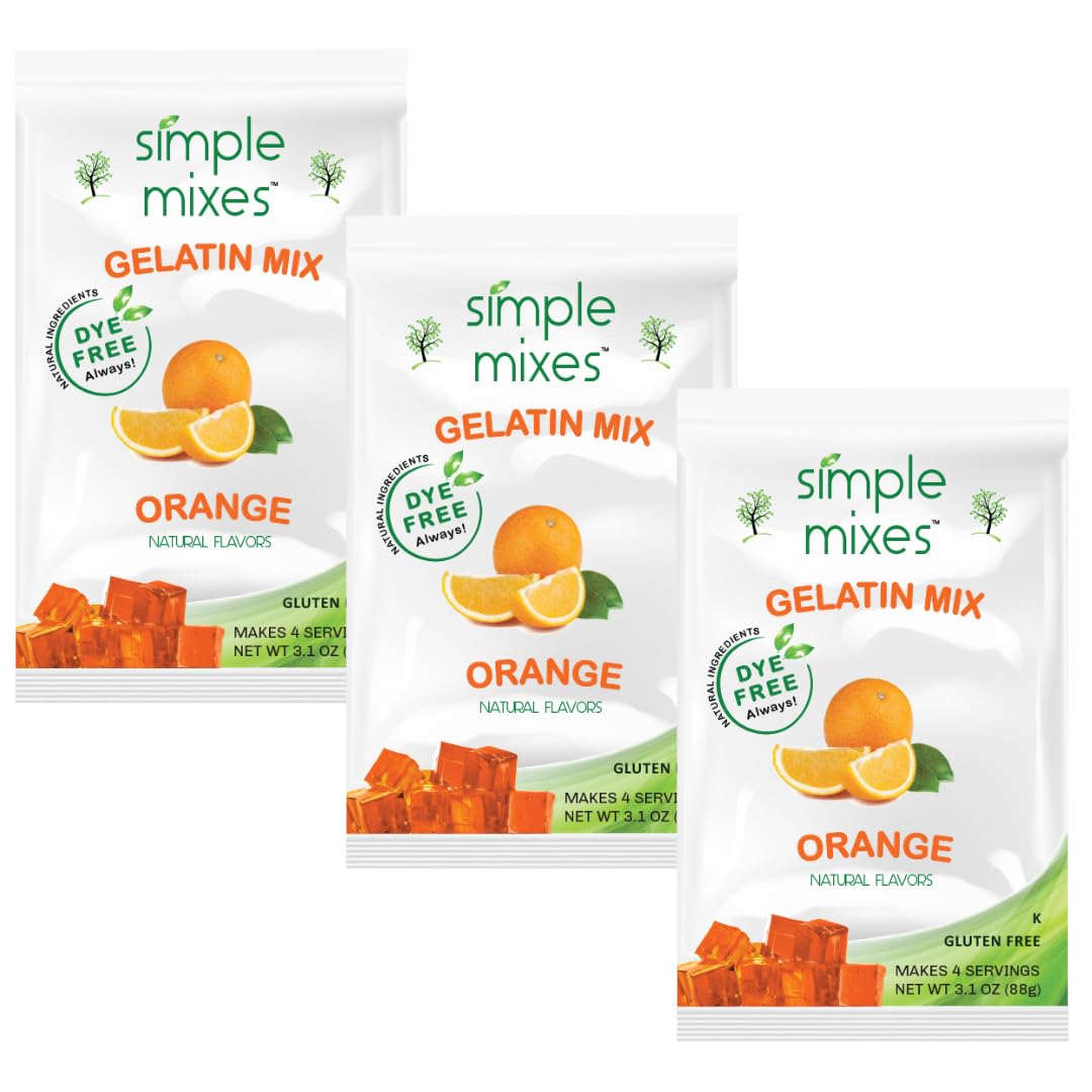 Simple Mixes caja frontal de gelatina naranja mostrando el pack de 3 y beneficio de ingredientes naturales