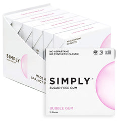 Simply Gum frente del paquete mostrando 6 envases y beneficio natural