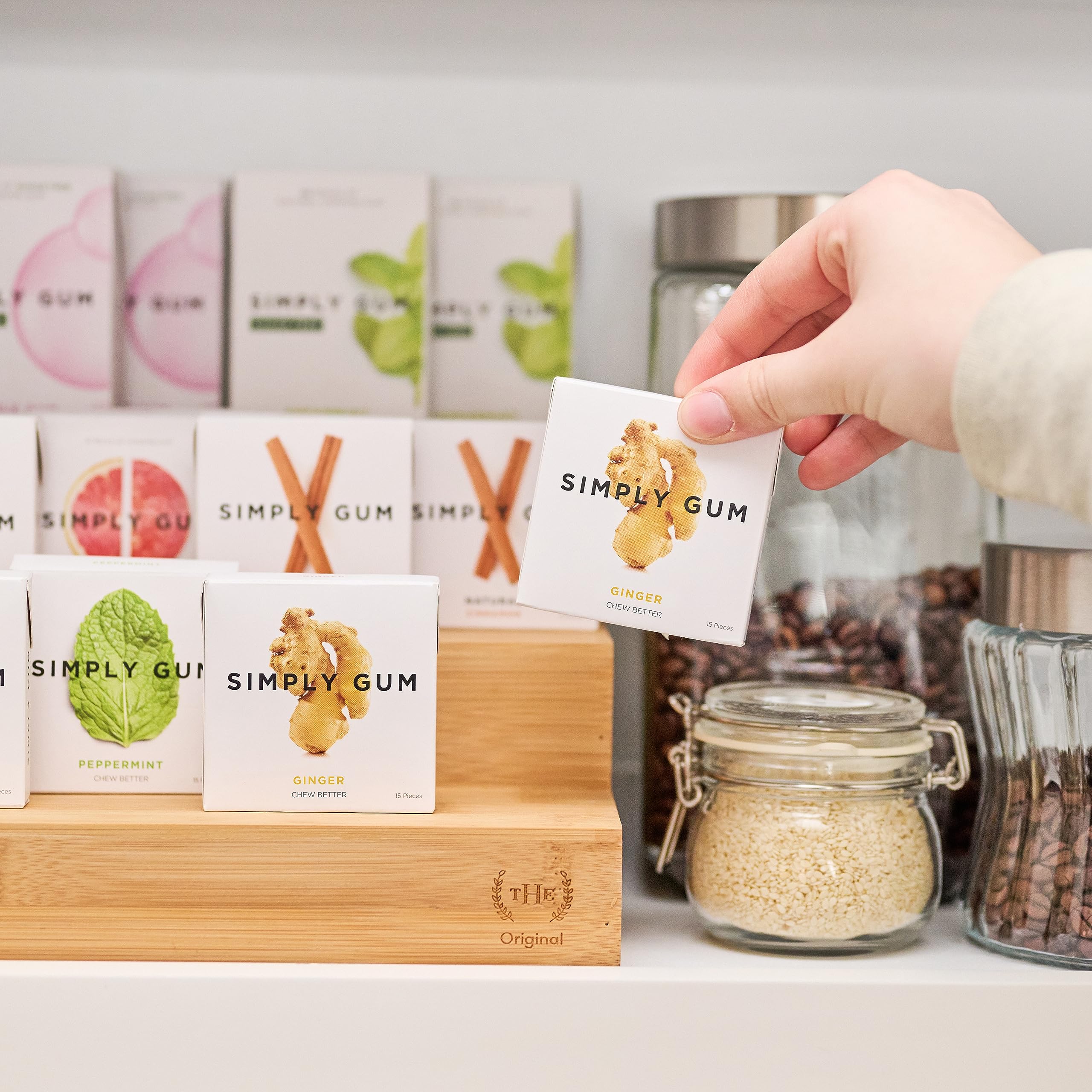 Etiqueta de SIMPLY Gum con sellos vegano, Non-GMO y kosher, transparencia clara