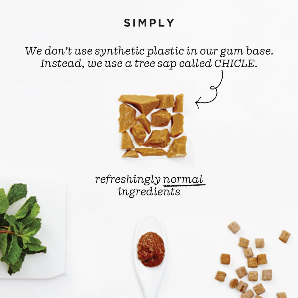 Seis envases del pack SIMPLY Gum Ginger mostrando cantidad total y conveniencia