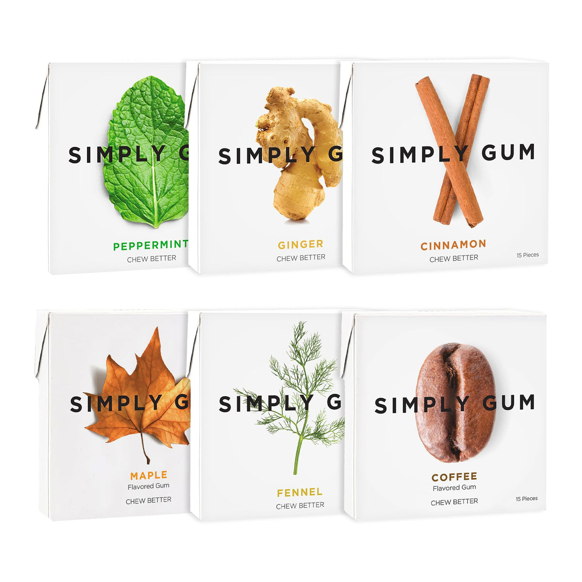SIMPLY Gum pack frontal mostrando seis sabores y diseño sin plástico