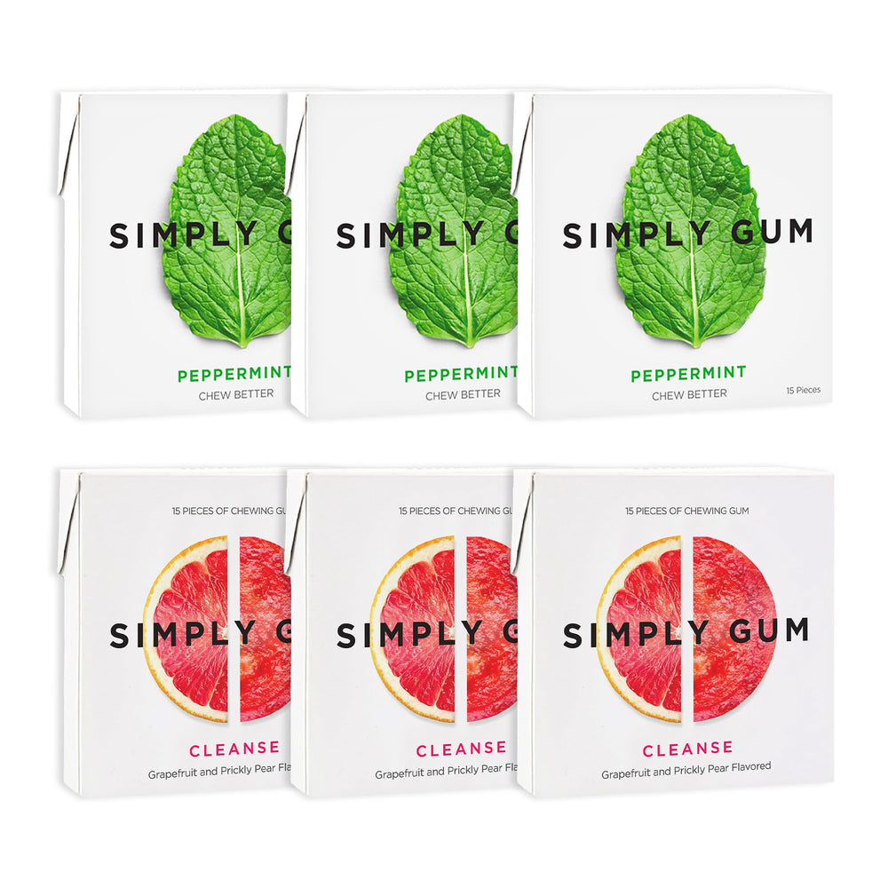 SIMPLY Gum paquete frontal mostrando estuches y beneficios naturales