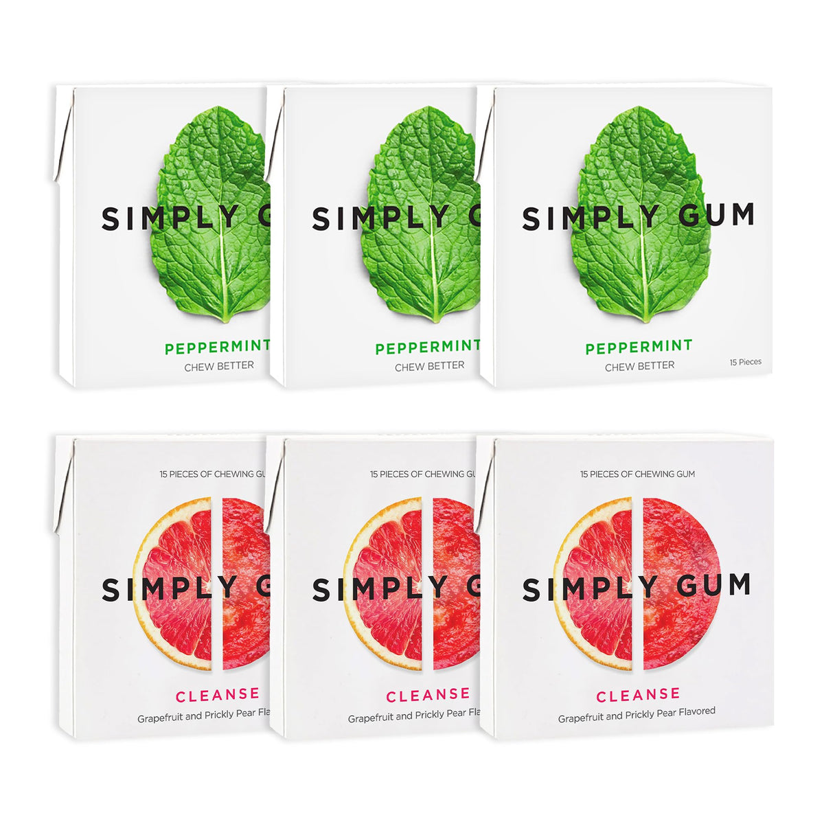 SIMPLY Gum paquete frontal mostrando estuches y beneficios naturales