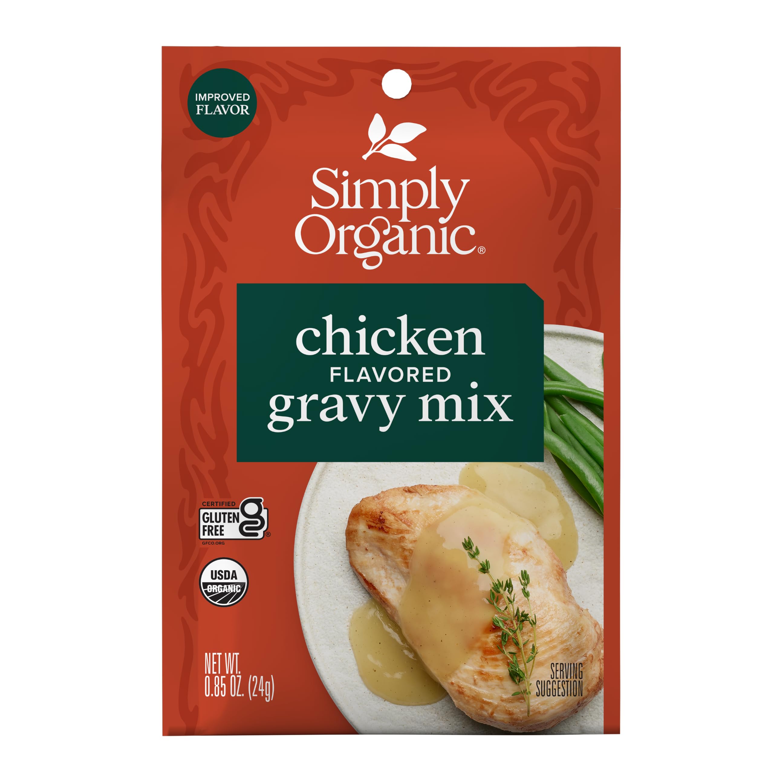 Simply Organic frente del empaque mostrando certificaciones orgánicas y sin gluten