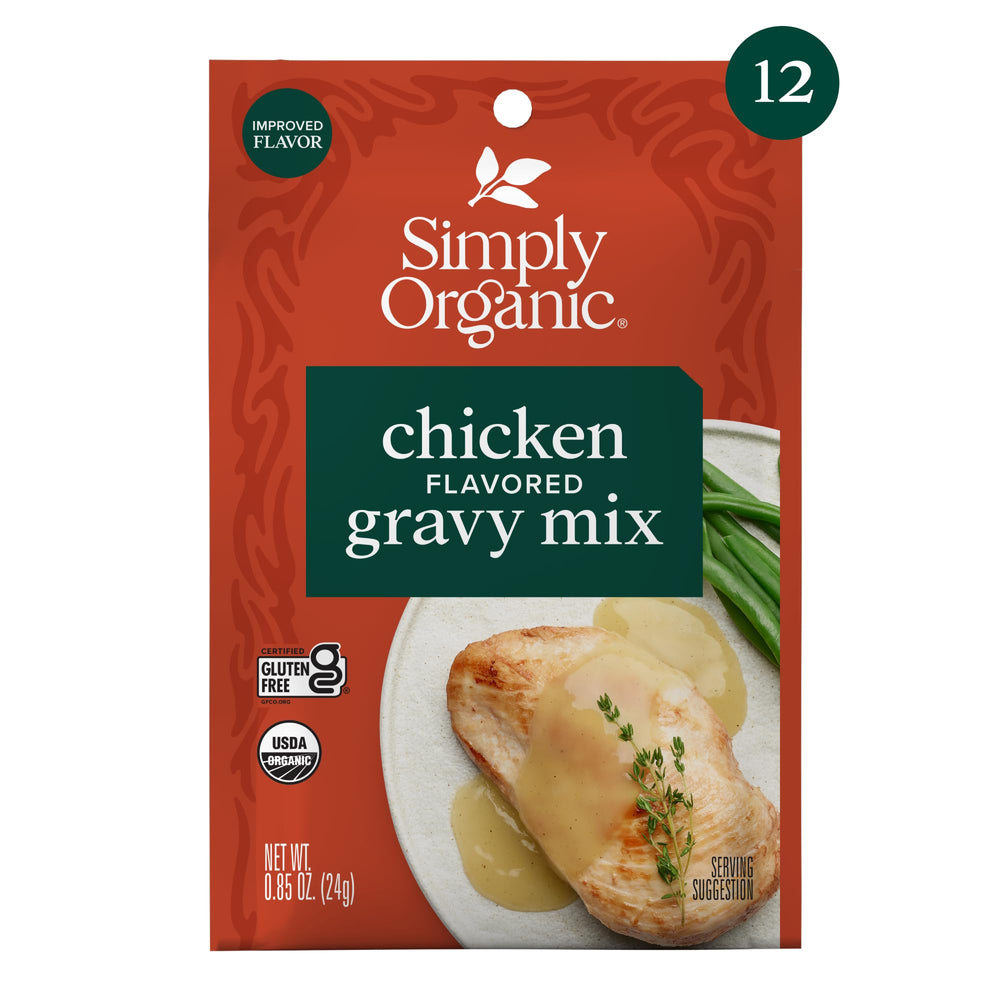 Simply Organic sobre abierto con polvo de gravy y textura fina, fácil de disolver