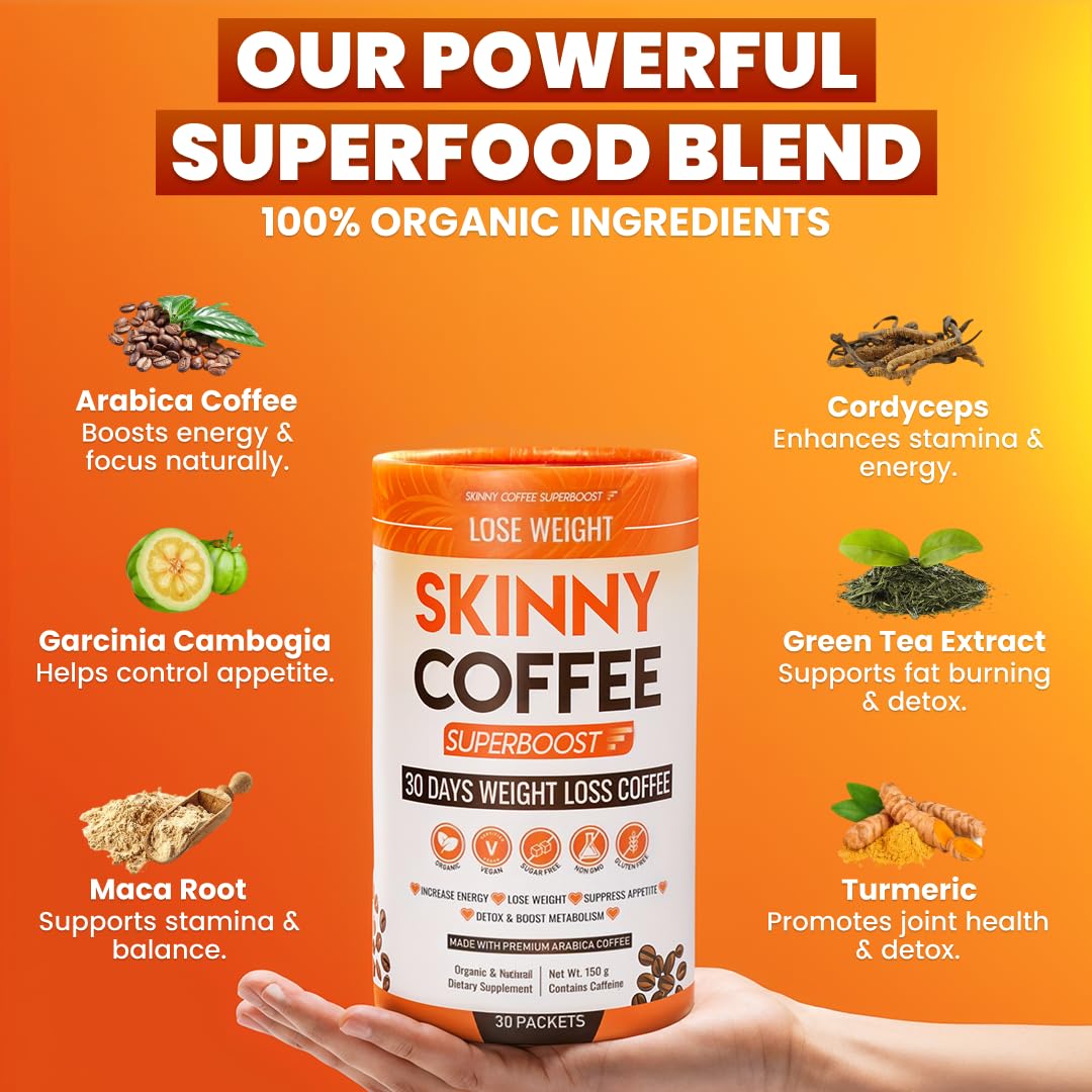 Skinny Coffee SuperBoost bebida preparada en taza, energía sostenida sin caídas