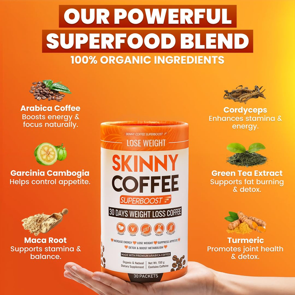 Skinny Coffee SuperBoost bebida preparada en taza, energía sostenida sin caídas