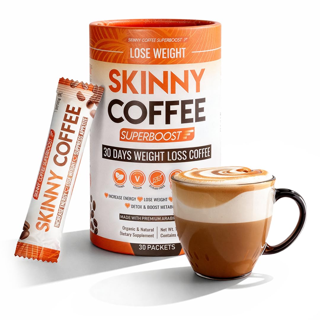 Skinny Coffee SuperBoost envase frontal mostrando diseño y beneficio de control del apetito