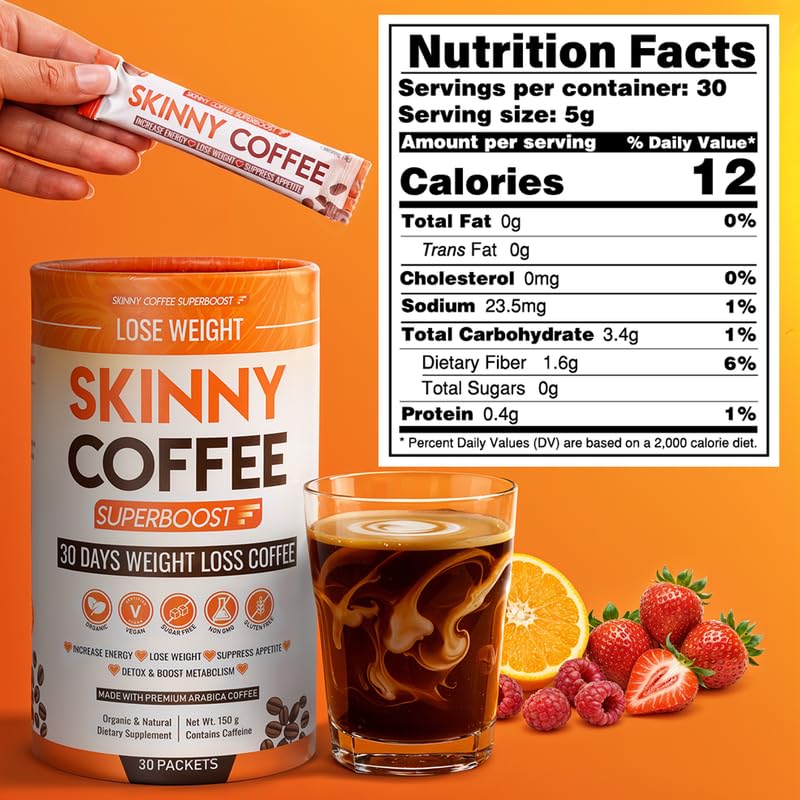 Skinny Coffee SuperBoost porción junto a una cuchara, control de dosis simple