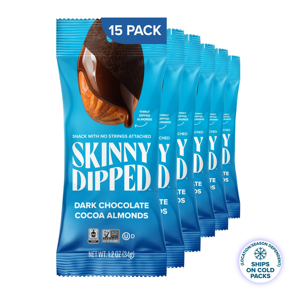 SkinnyDipped porción en mano demostrando tamaño ideal y control de calorías